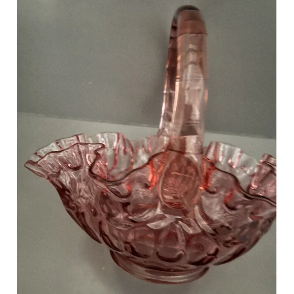 Fenton Cranberry Pink Basket Ruffled Edge Glass Applied Handle Thumbprint VTG
